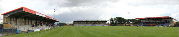 A 3/4 panoramic shot of Hinckley's Greene King Stadium