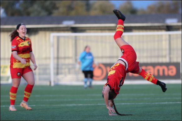 Kally does her trademark backflip after scoring against Paulton Rovers
