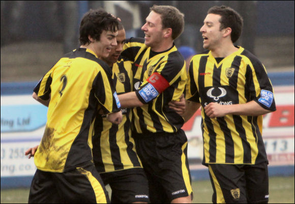 City goalscorer Ben Hunt is congratulated by Jack Harris, Tom Webb & Jack Pitcher
