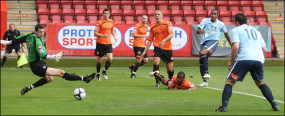 Darren Mullings puts City 1-0 up against Newport